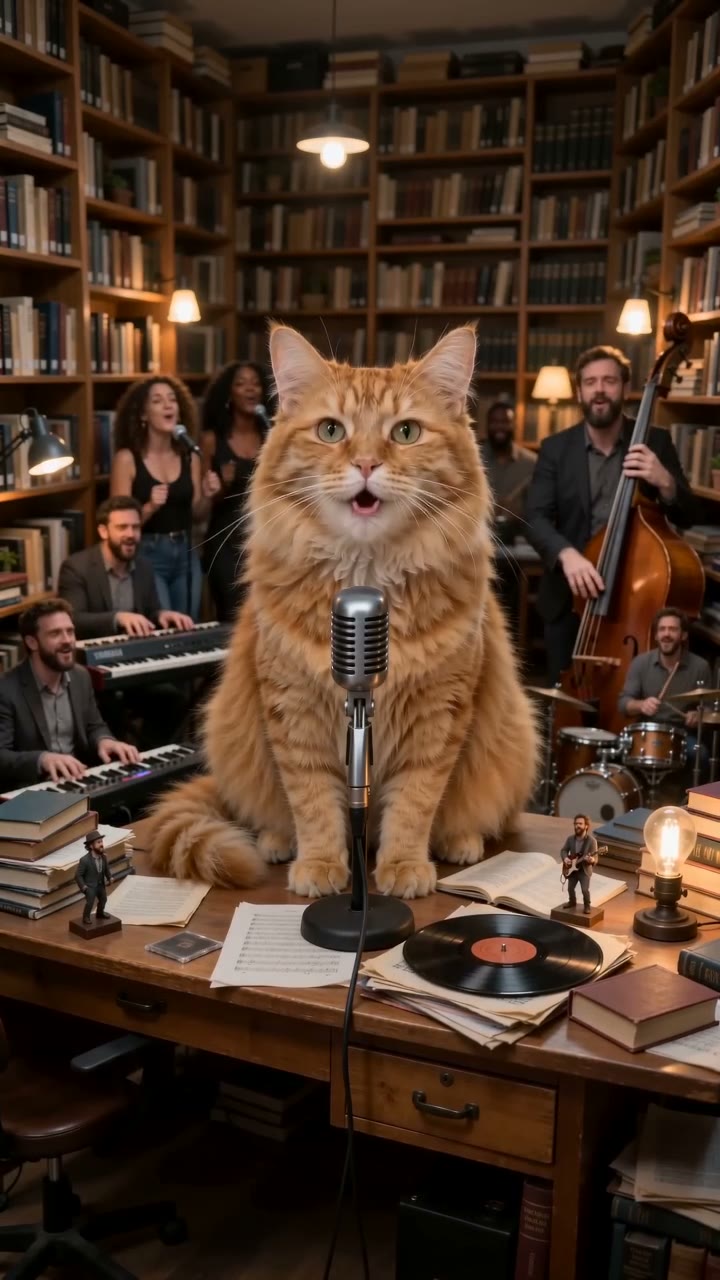 Tiny Desk AI example: an orange cat singing at a desk with a band